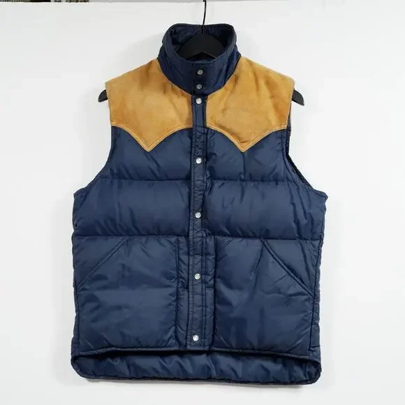 Vintage Woolrich Down Puffer Vest Suede Yoke Navy Brown Men’s Medium - Picture 2 of 11